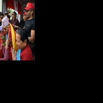 Khadga Prasad Sharma Oli (C), Nepal's former prime minister and leader of Communist Party of Nepal-Unified Marxist Leninist (CPN-UML), during a door-to-door election campaign rally in Damak, Jhapa district on February 16, 2026