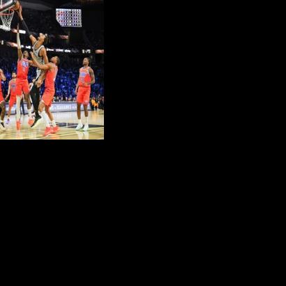 Victor Wembanyama soars over Oklahoma City's defense in San Antonio's NBA Cup semi-final win last weekend