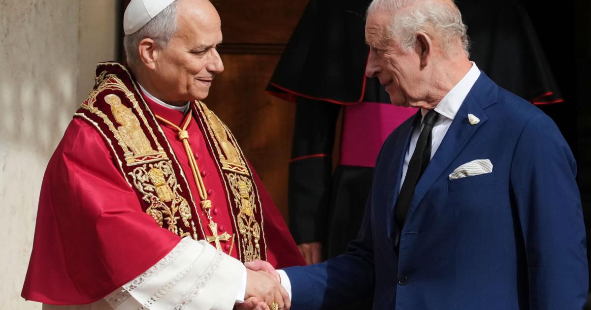 Photos of King Charles III and Queen Camilla visiting the Vatican to pray with Pope Leo XIV