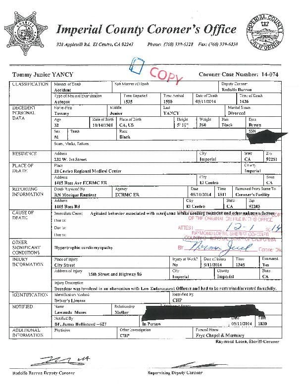 DOCUMENT Coroner's Report for Tommy Yancy, Jr. Local News