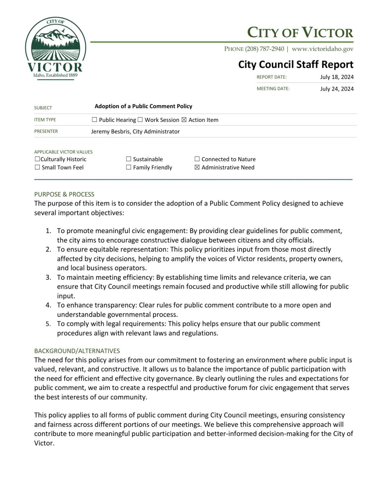 Public Comment Paper Victor pitches proof of residency, other criteria for public comment ...