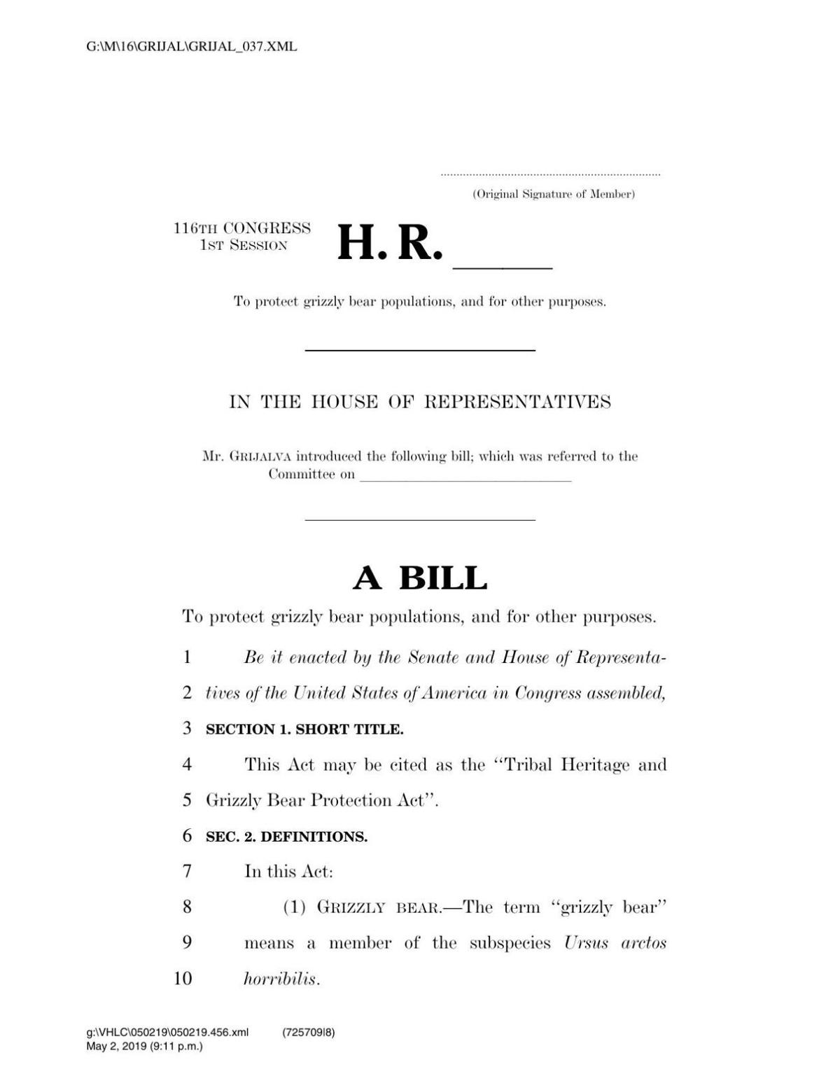 Tribal Heritage and Grizzly Bear Protection Act