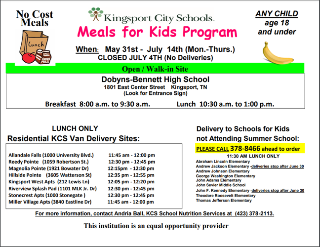 Summer Meals for Kids 2022 in Kingsport City Schools