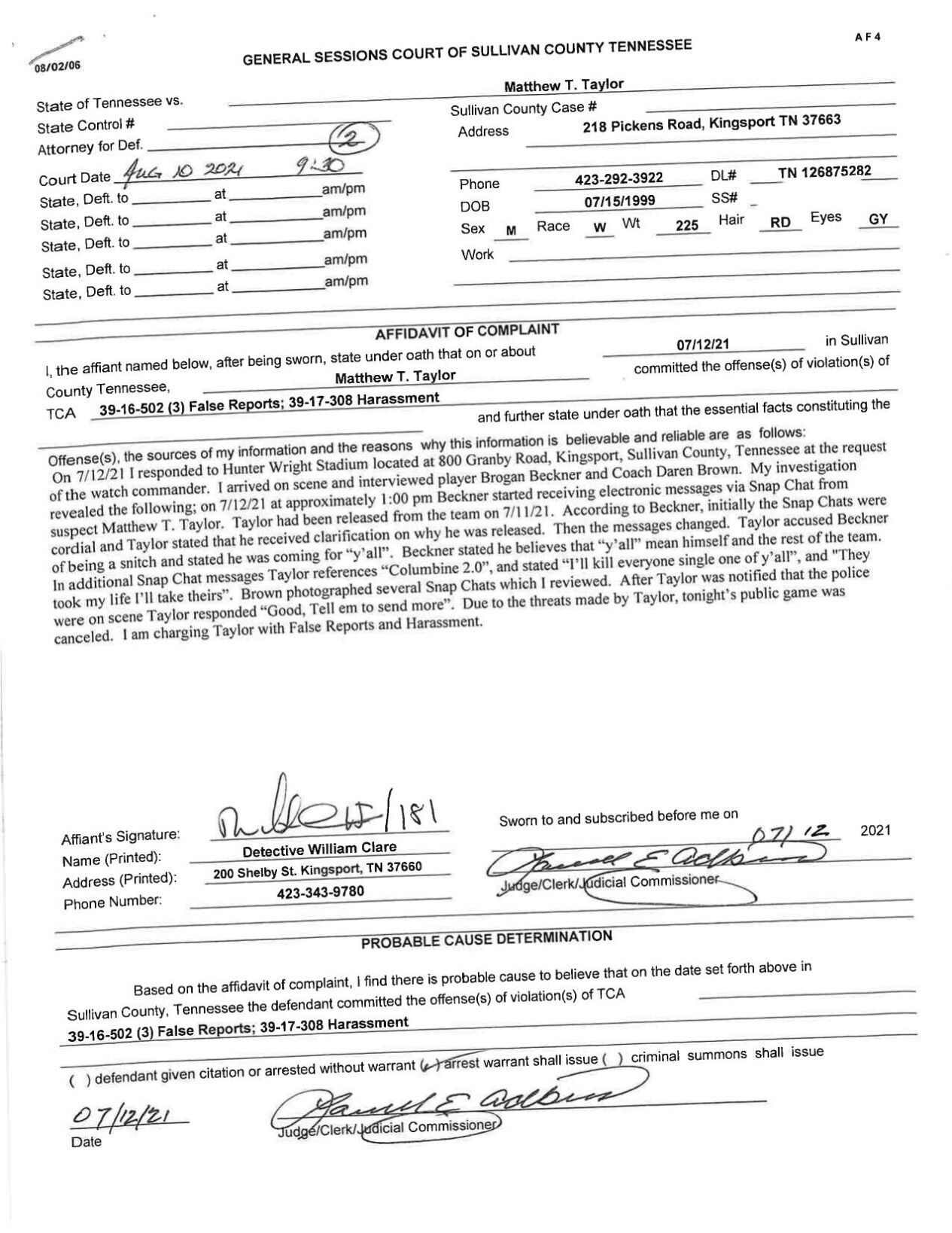 General Sessions Court of Sullivan County Tennessee Affidavit of ...