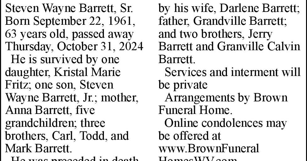 Steven Wayne Barrett, Sr. | Obituaries | journal-news.net