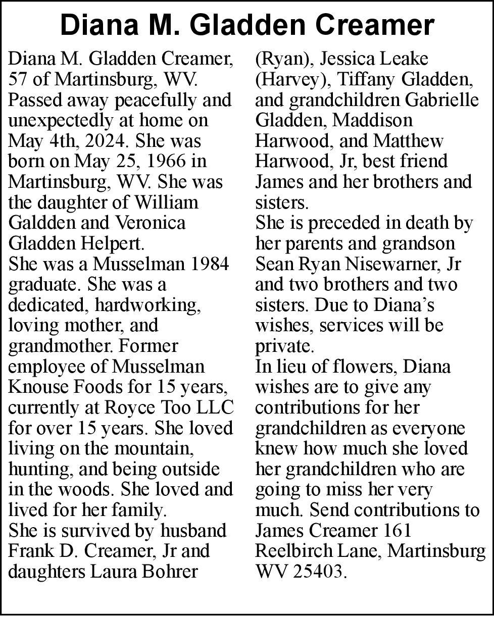 Diana M. Gladden Creamer Obituaries