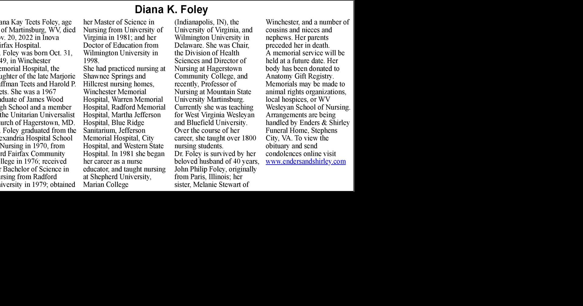 Diana K. Foley Obituaries