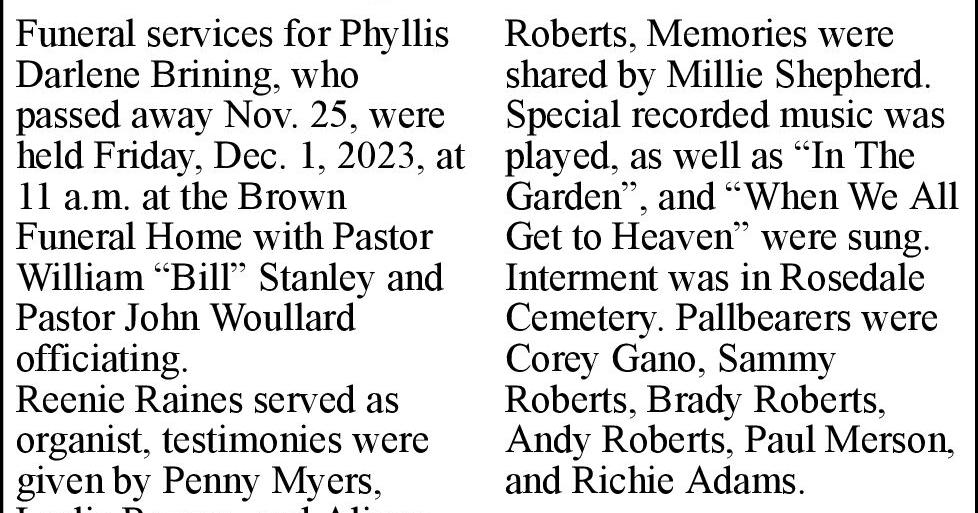 Brining Service Rites | Obituaries | journal-news.net