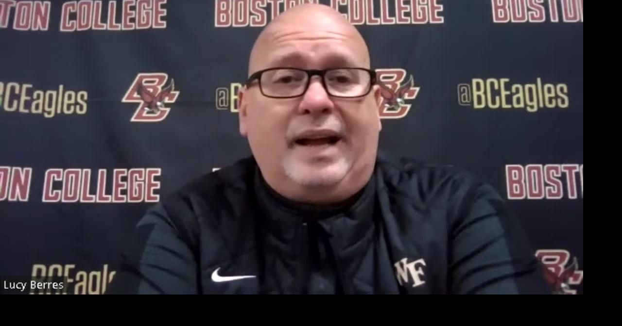 Coach Steve Forbes makes an opening statement after Wake Forest beat Boston College