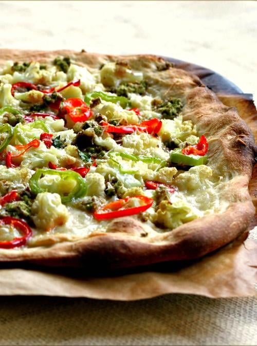 Pizza With Roasted Cauliflower, Chile Peppers and Green Olives