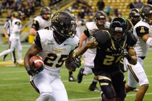 Running back Jalin Moore (25) set a freshman record for rushing yards in a single game with 244 in App State’s win at Idaho. (Allyson Lamb/App State Athletics)