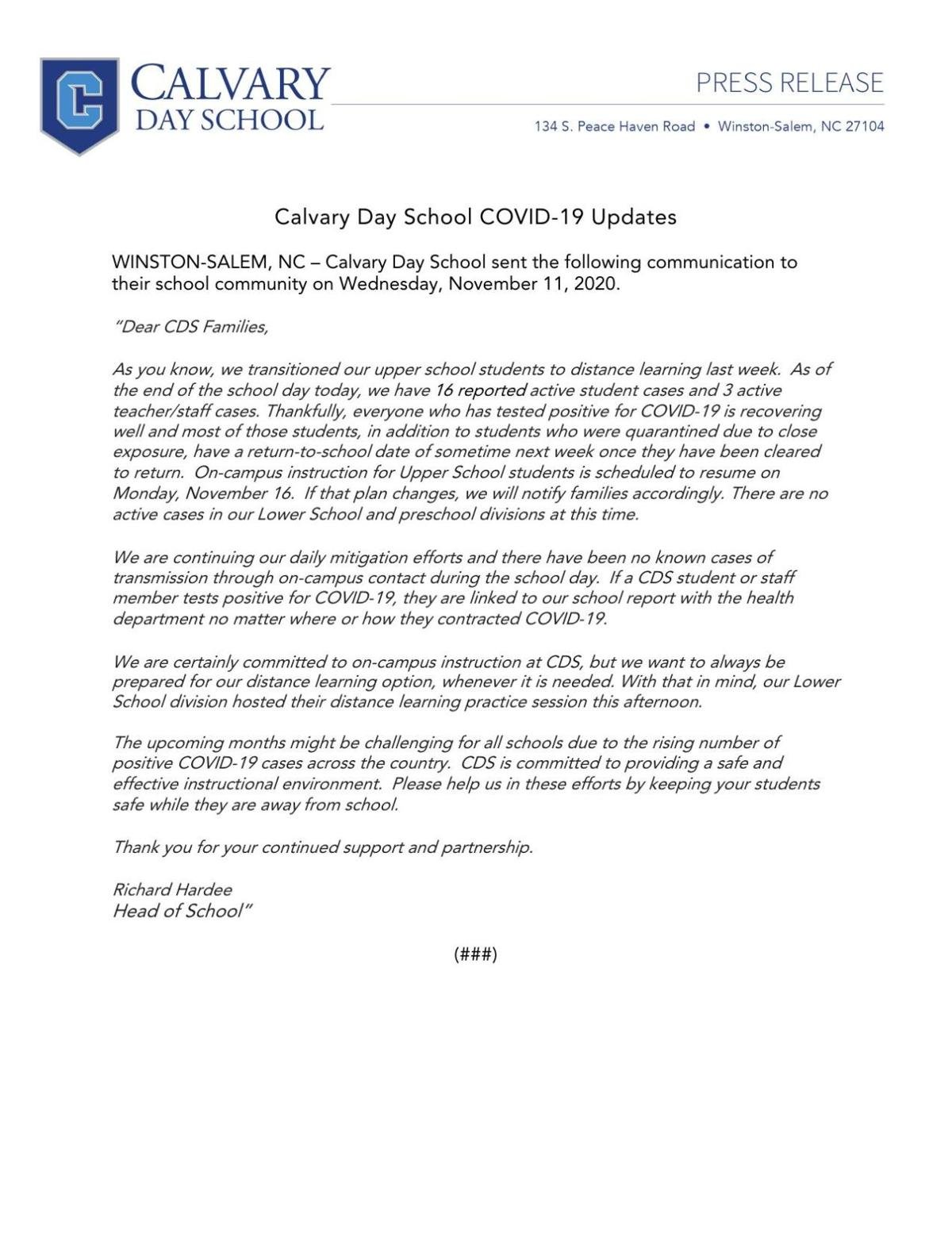 Calvary Nov. 11 letter to parents