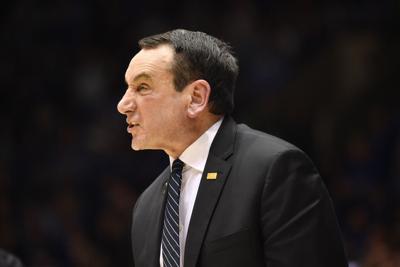 Head coach Mike Krzyzewski of the Duke Blue Devils reacts during the second half against the North Carolina Tar Heels at Cameron Indoor Stadium on March 7, 2020 in Durham, North Carolina.