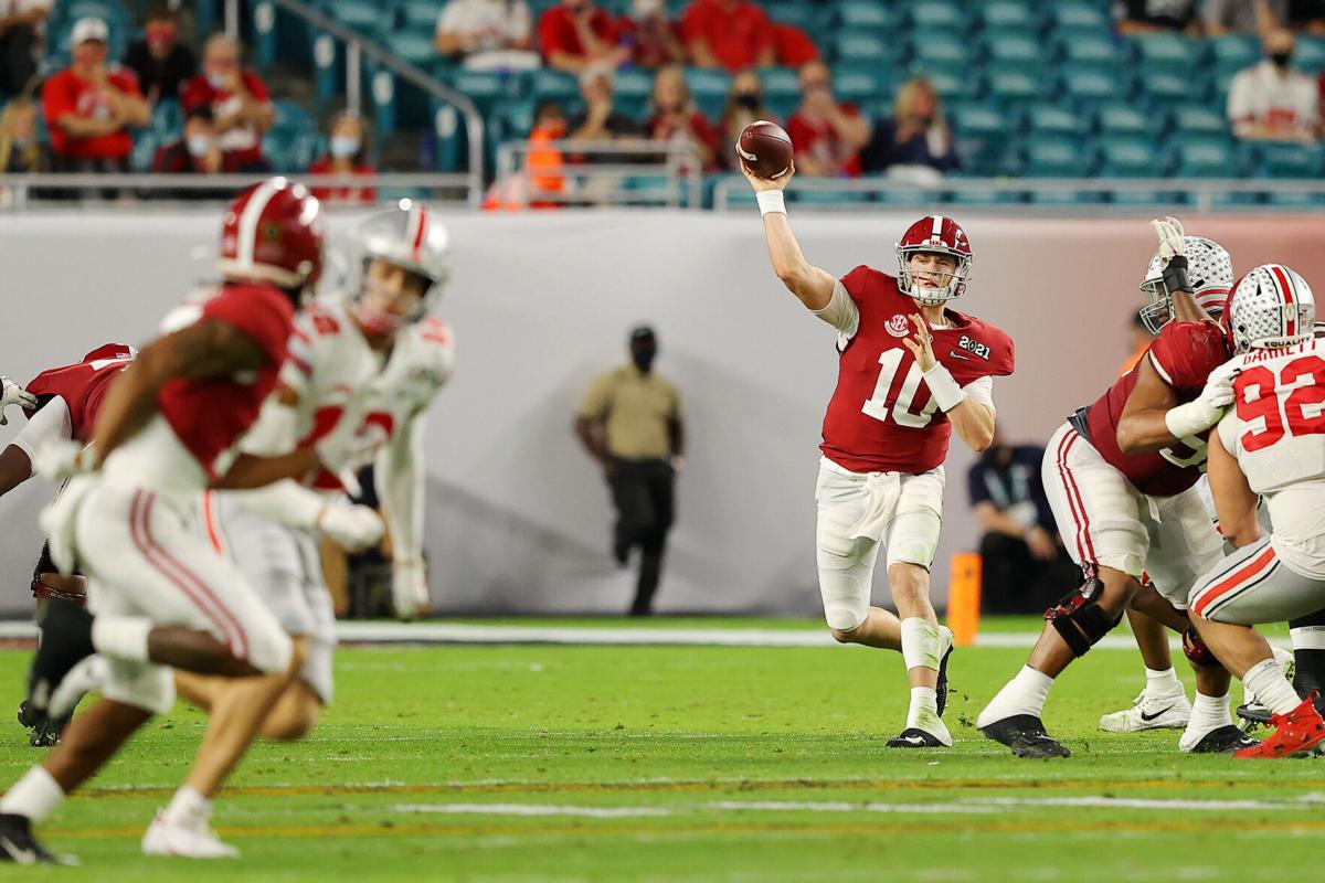 Mac Jones #10 of the Alabama Crimson Tide looks to pass during the second quarter of the College Football Playoff National Championship game against the Ohio State Buckeyes at Hard Rock Stadium on Jan. 11, 2021 in Miami Gardens, Florida.