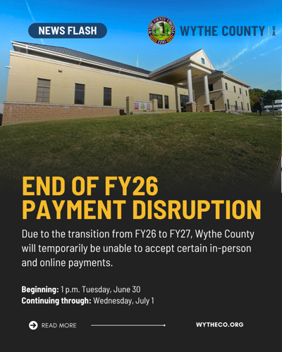 Temporary Wythe County Payment Service Interruption Scheduled for June 30-July 1