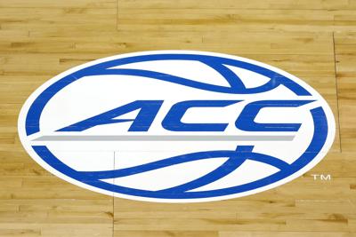 The ACC logo on the court during a quarterfinal game between Georgia Tech and Miami in the ACC Men's Basketball Tournament at Greensboro Coliseum on March 11, 2021, in Greensboro, North Carolina. (copy) (copy)