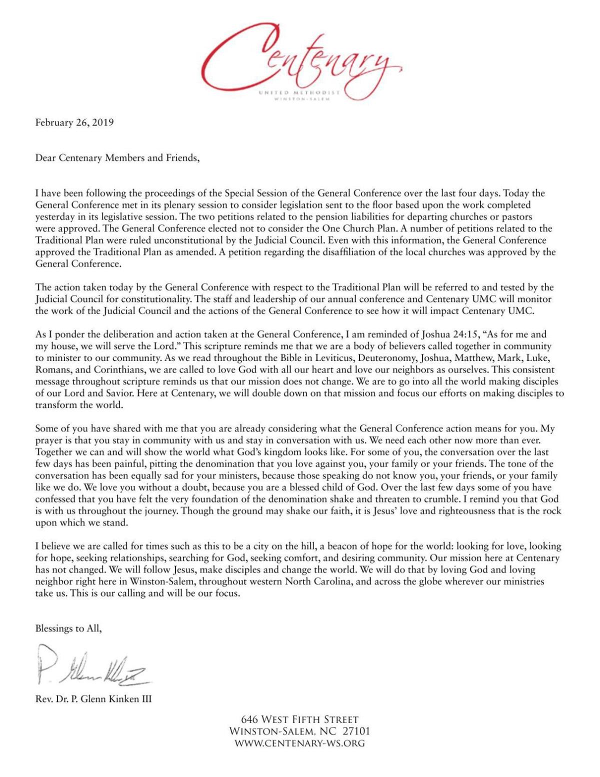 Letter to congregation