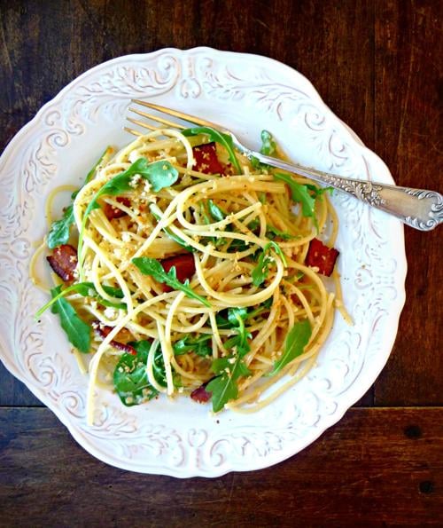 Spaghetti With Bacon and Arugula