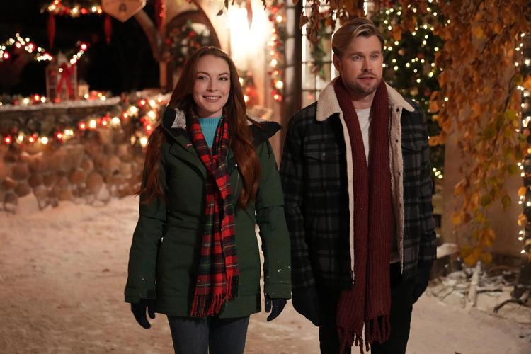 Lindsay Lohan, left, and Chord Overstreet in "Falling for Christmas."