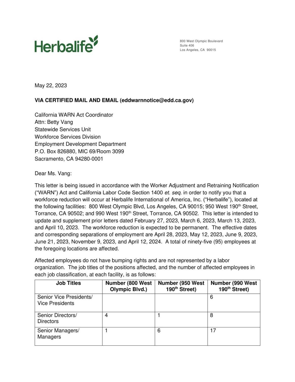 Herbalife eliminates 95 jobs in California amid sales slump