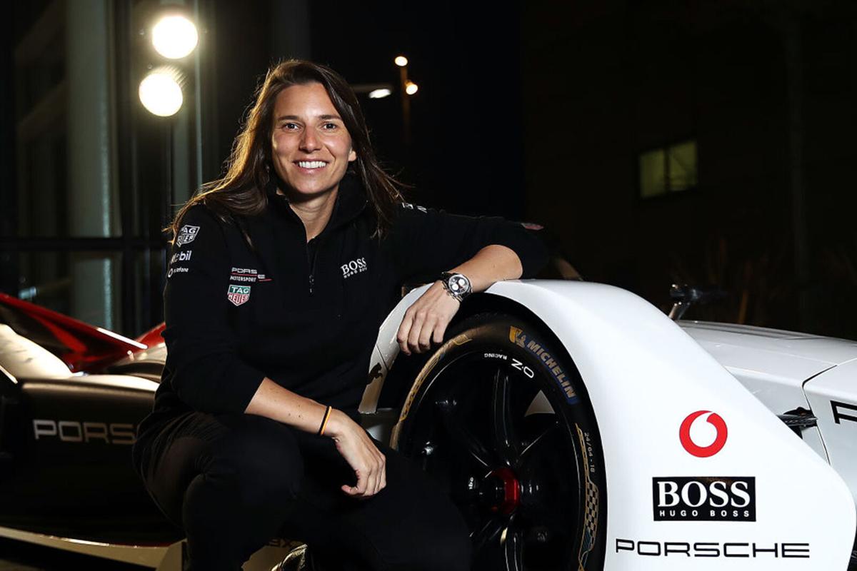 Simona De Silvestro, test and development driver for the TAG Heuer Porsche Formula E Team, pictured with the Porsche 9 XX Electric Formula E car on the occasion of the presentation of the new Porsche Taycan, at Dock 10 Studios on January 23, 2020 in Manchester, England.