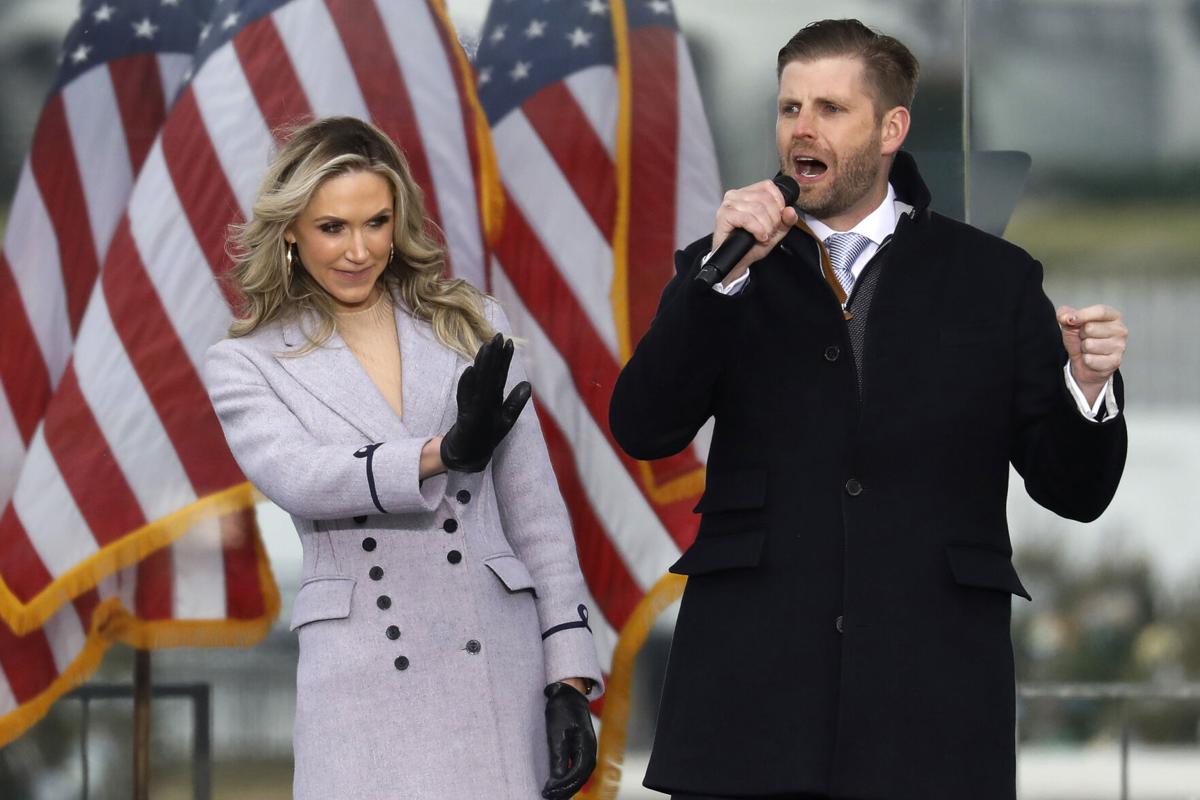 Eric Trump, son of U.S. President Donald Trump, speaks next to his wife Lara at the Save America Rally on the Ellipse on Wednesday, Jan. 6, 2021 near the White House in Washington, D.C..