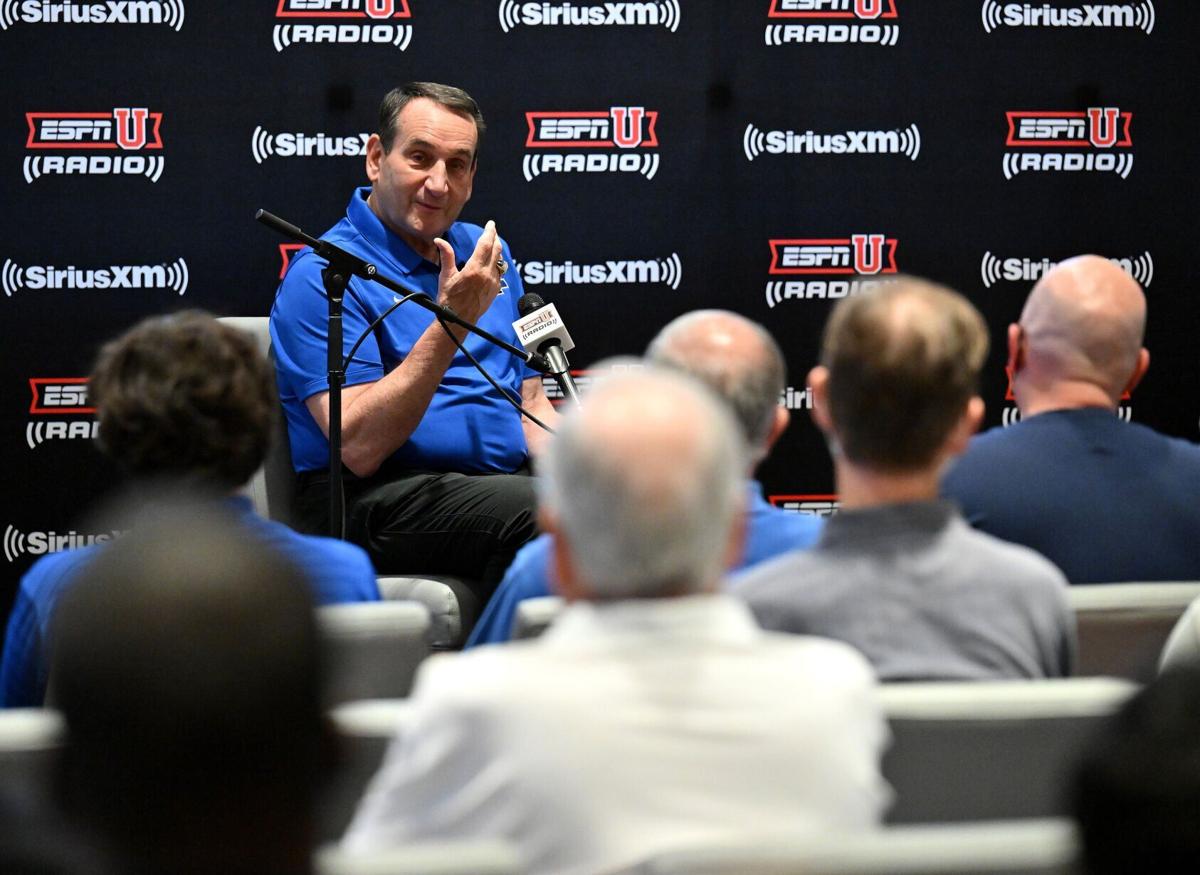 Mike Krzyzewski, retired head coach of the Duke Blue Devils men's basketball team, tapes an episode of his SiriusXM show during a SiriusXM Town Hall With Coach K event at Cameron Indoor Stadium on June 2, 2022, in Durham, North Carolina.