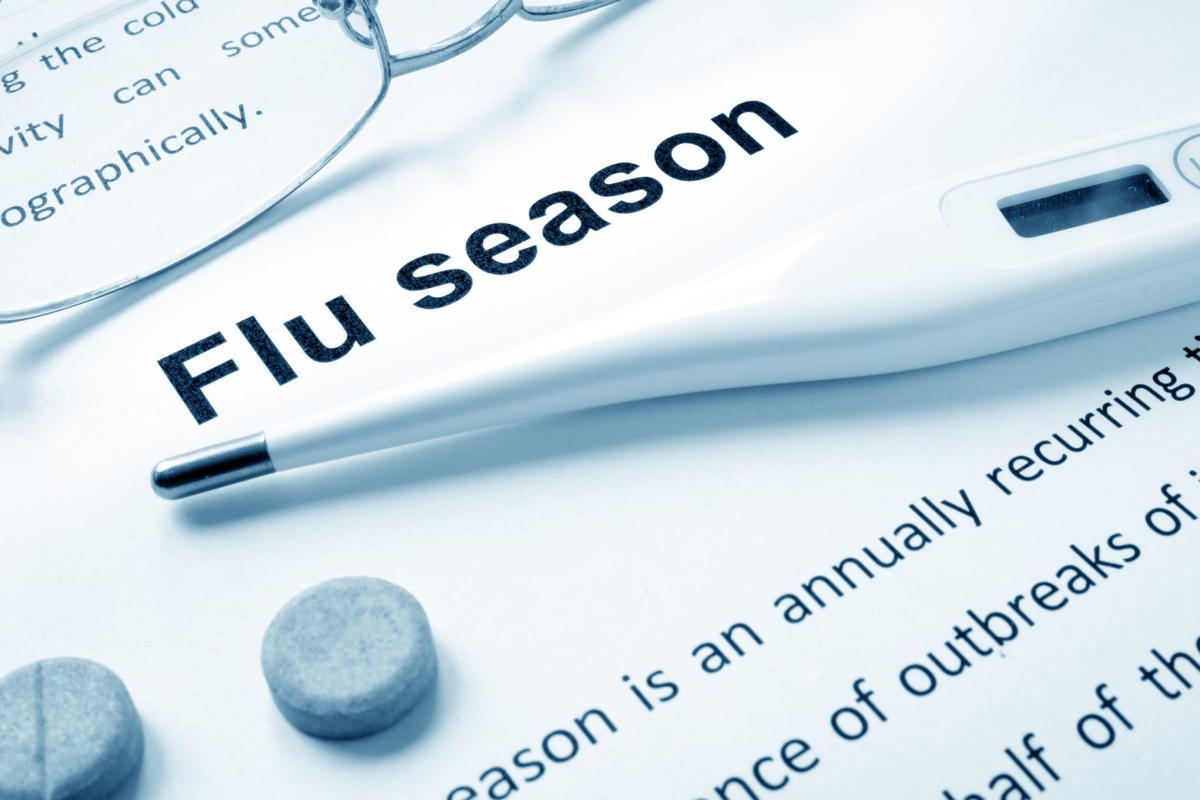 Flu season sign on a paper and glasses