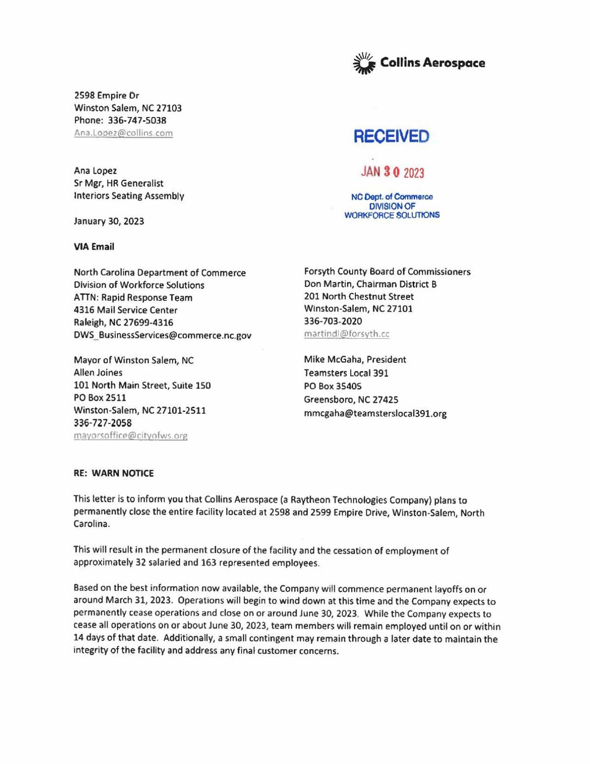Collins Aerospace WARN notice