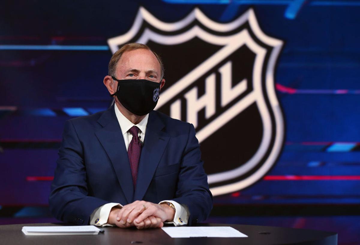 NHL commissioner Gary Bettman prepares for the first round of the 2020 National Hockey League Draft at the NHL Network Studio on Oct. 6, 2020 in Secaucus, New Jersey.