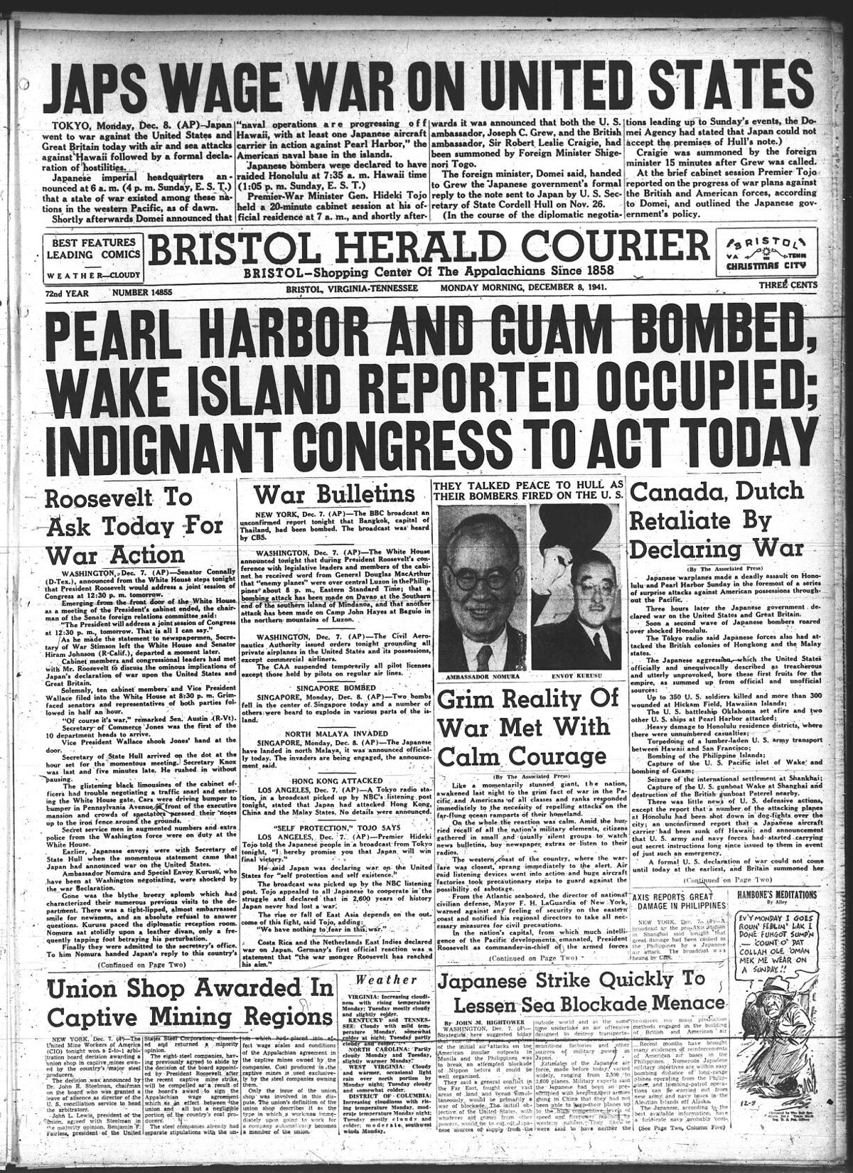 Lookback Historic Front Pages Document Pearl Harbor Attack On Dec 7 1941 History Journalnow Com