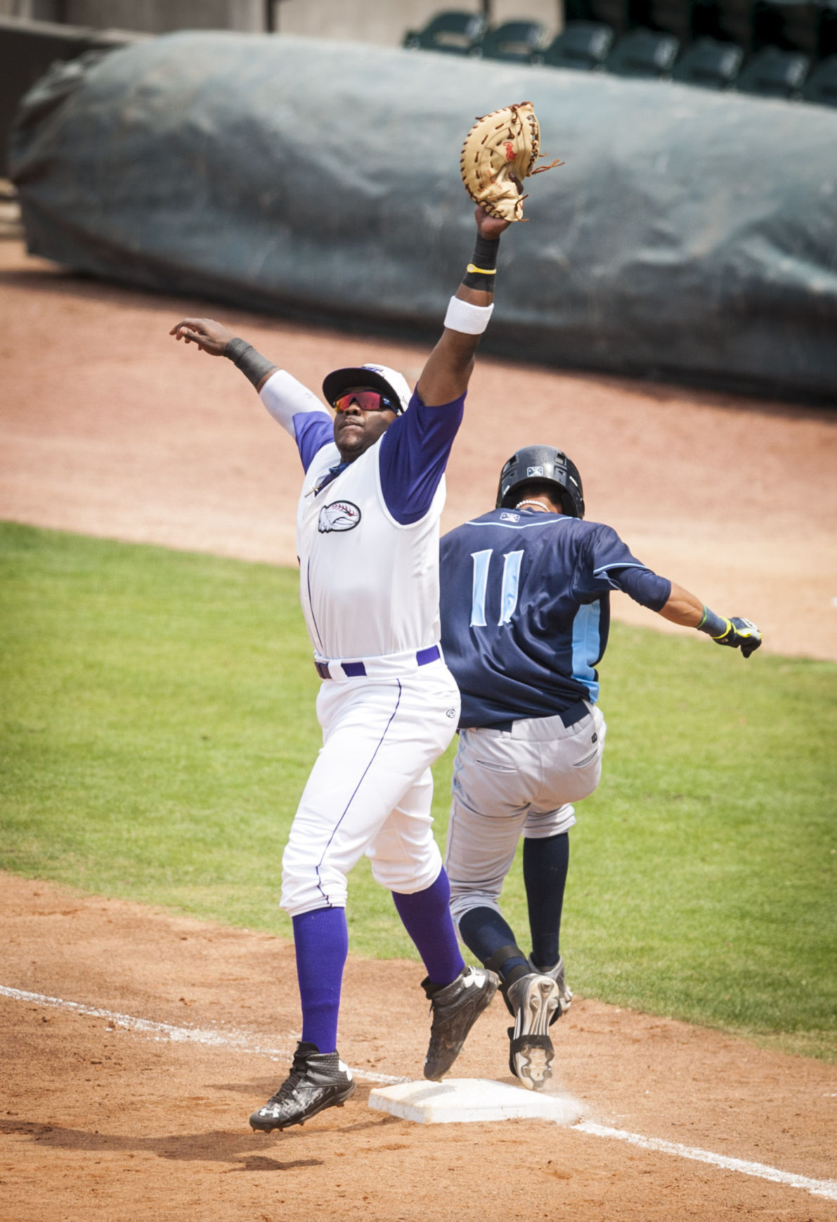 Winston Salem Dash Infielder Telvin Nash Stretches For A Catch But Misses The Tag As Wilmington Blue Rocks Infielder Wander Franco Gets On Base With A Winston Salem Dash Infielder Telvin Nash Stretches For A Catch But Misses The Tag As Wilmington Blue Rocks Infielder Wander Franco Gets On Base With A