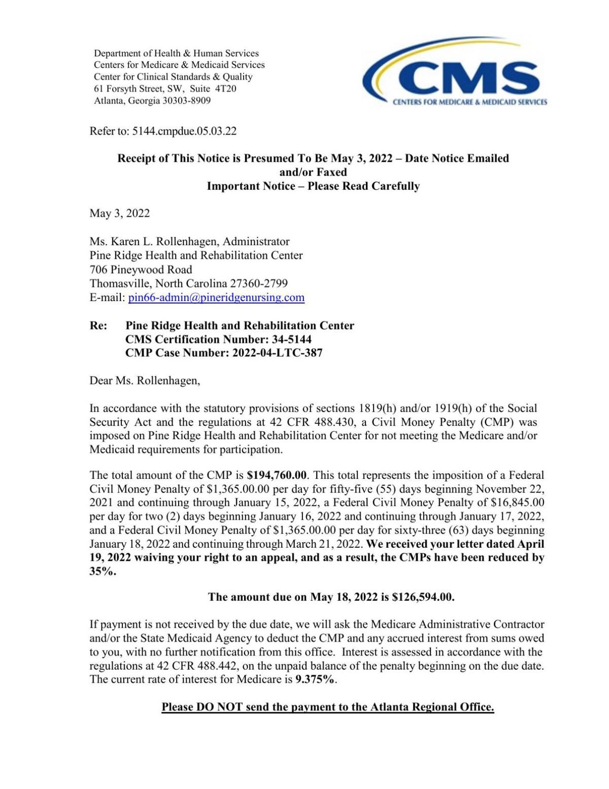 Pine Ridge nursing home owner fined 126,594 by CMS