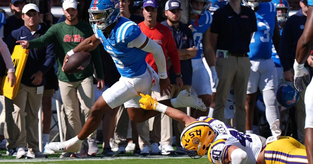 Trinidad Chambliss racks up 385 scrimmage yards as No. 4 LSU falls 24-19 to No. 13 Ole Miss