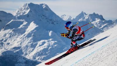 US skier Mikaela Shiffrin competes during the Women's Downhill race at the FIS Alpine Skiing World Cup event in St. Moritz, Switzerland, on December 9, 2023. (Photo by Fabrice COFFRINI / AFP) (Photo by FABRICE COFFRINI/AFP via Getty Images)