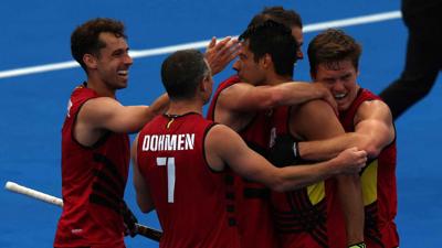Belgium's players celebrate their second goal in the men's pool B field hockey match between Belgium and Ireland during the Paris 2024 Olympic Games at the Yves-du-Manoir Stadium in Colombes on July 27, 2024.