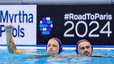FUKUOKA, JAPAN - JULY 29: Hannes Daube of USA, Ben Hallock of USA during the World Aquatics Championships 2023 Men's Waterpolo Classification 7th-8th place match between Montenegro and USA on July 29, 2023 in Fukuoka, Japan. (Photo by Albert ten Hove/BS...