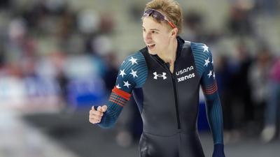 CALGARY, CANADA - FEBRUARY 16: Jordan Stolz of USA competing on the 500m Men during the ISU World Speed Skating Single Distances Championships at Olympic Oval on February 16, 2024 in Calgary, Canada. (Photo by Andre Weening/BSR Agency/Getty Images)