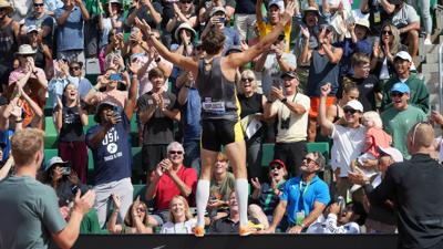 Mondo Duplantis aka Armand Duplantis (SWE) celebrates after winning the pole vault in a world record 20-5 1/4 (6.23m) during the Prefontaine Classic at Hayward Field.