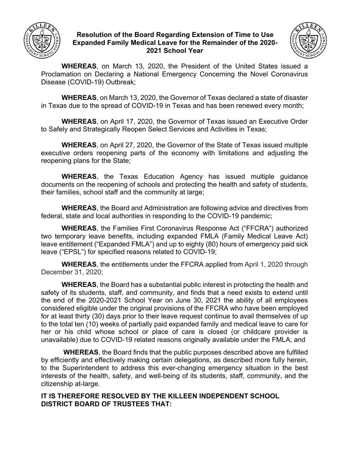 KISD Expanded Family Medical Leave Resolution | | kdhnews.com