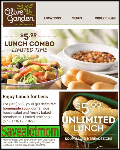 Olive Garden Unlimited Soup Salad And Breadsticks For 5 99