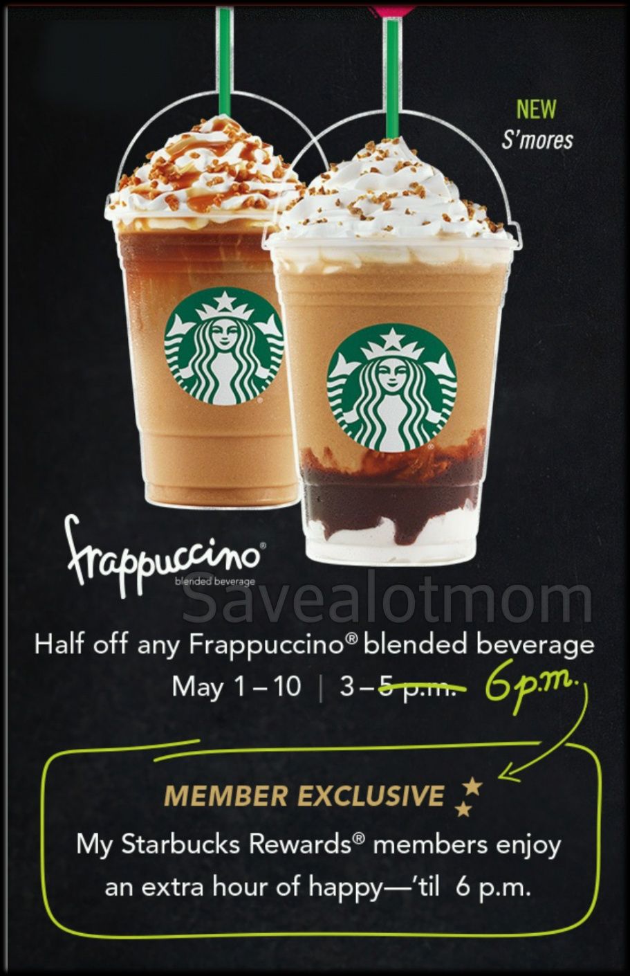 Starbucks 50 off Frappuccinos from 35pm Starting now! Save A Lot