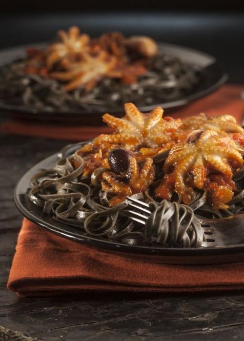 Play with noir-hued ingredients for a grown-up Halloween dinner