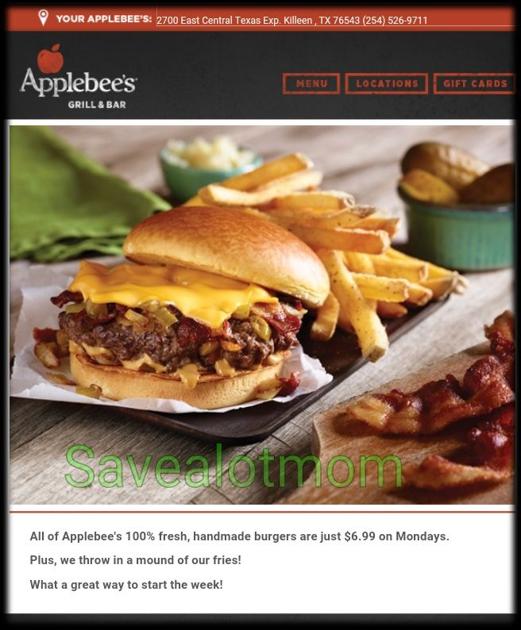 Applebees 6.99 Burgers and Fries Every Monday! Save A Lot Mom