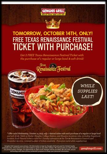 FREE Renaissance Tickets with Genghis Grill Purchase! TODAY ONLY! Save A Lot Mom | kdhnews.com