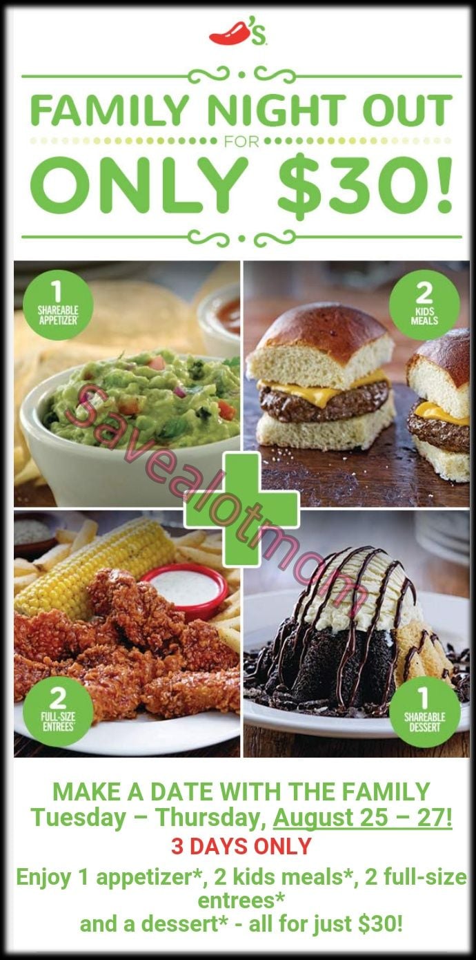 Chili's 2 for 20 menu deals items