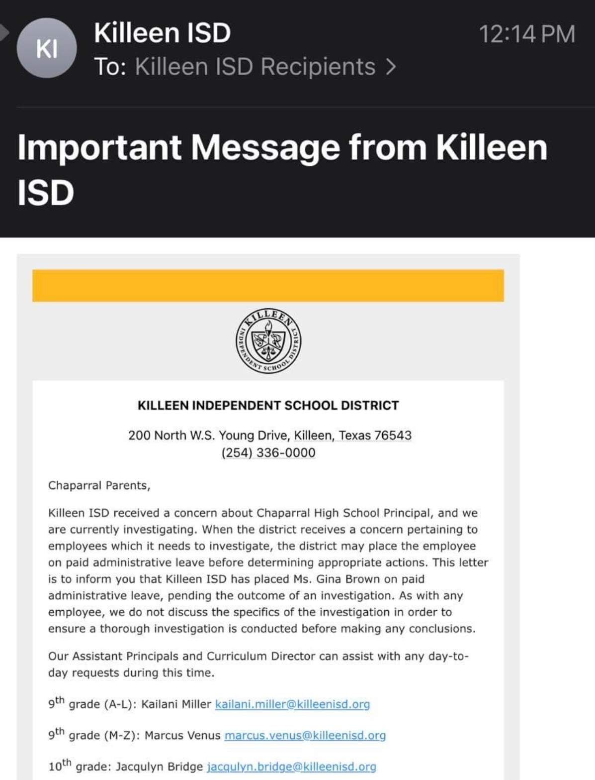ワンダースワン Chaparral High principal suspended, under investigation
