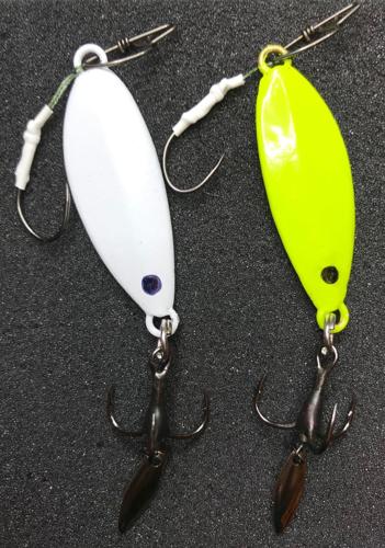 3 - 1 oz Slab Fishing Jigging Lure Casting Lead Spoon White / Chartreuse