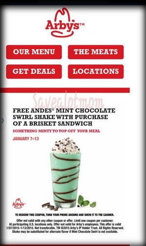 Arby's FREE Andes Mint Chocolate Swirl Shake! | Save A Lot ...