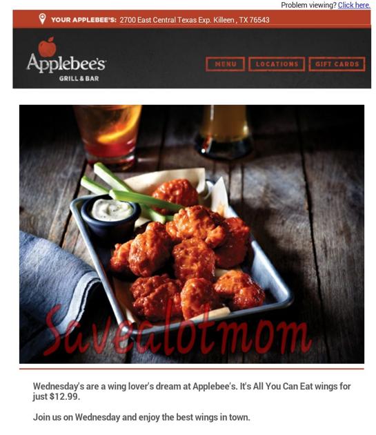Applebees Wednesday Wings! All You Can Eat! Save A Lot Mom